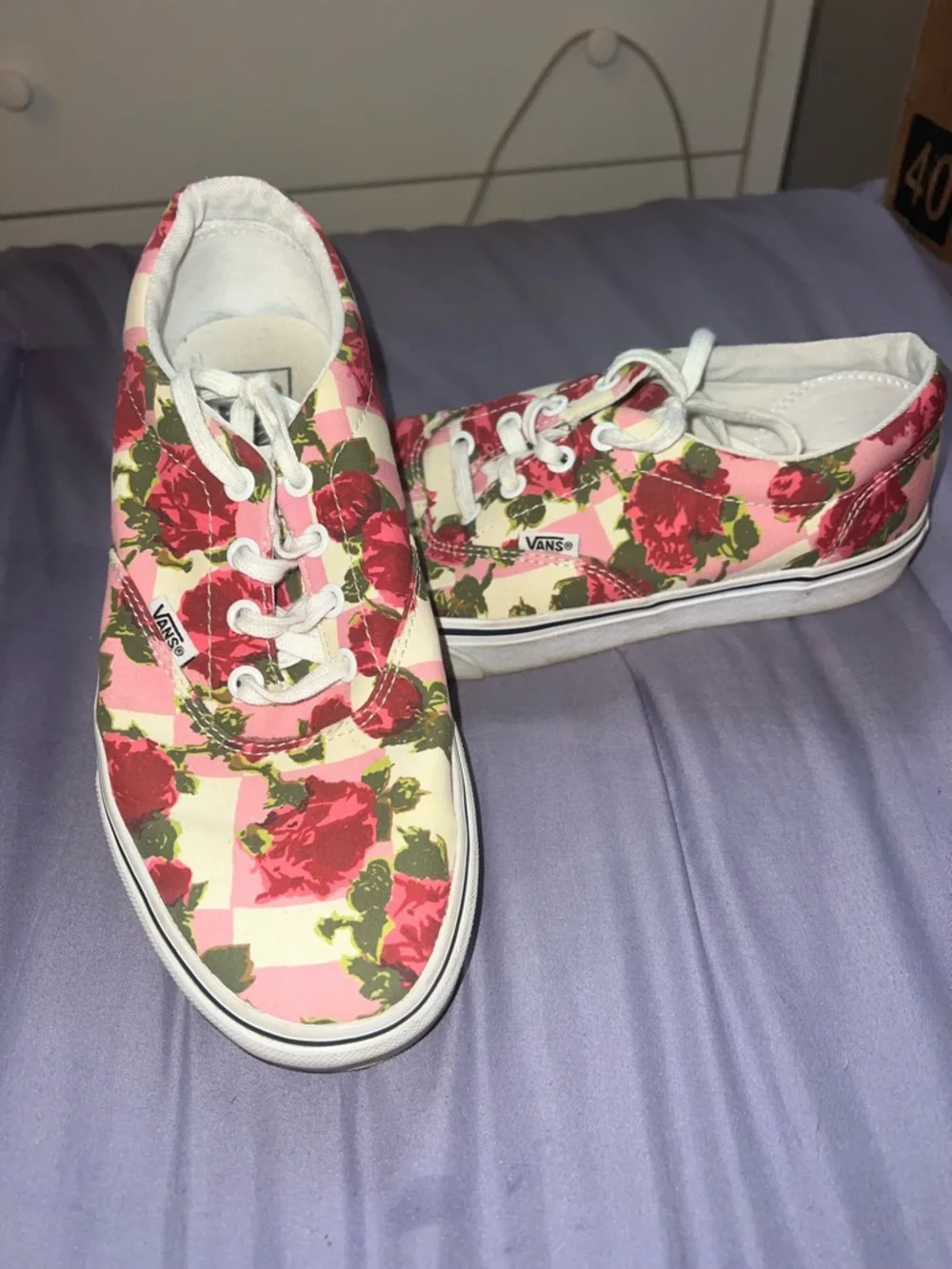 Vans Low Top Floral Checkerboard Sneakers - Pink, Red & Green - Picture 2 of 4